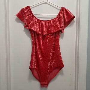 Xhilaration Women’s Velvet Bodysuit Size S Red Off Shoulder Ruffle Stretchy